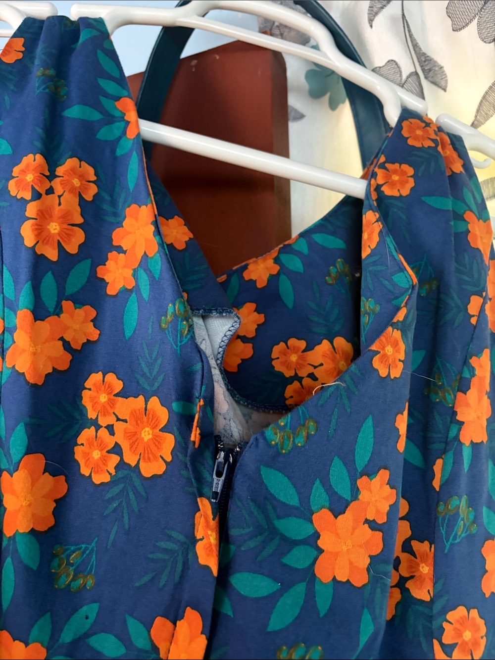 Modcloth Navy Blue Midi Dress with Orange Floral Print - Picture 5 of 11
